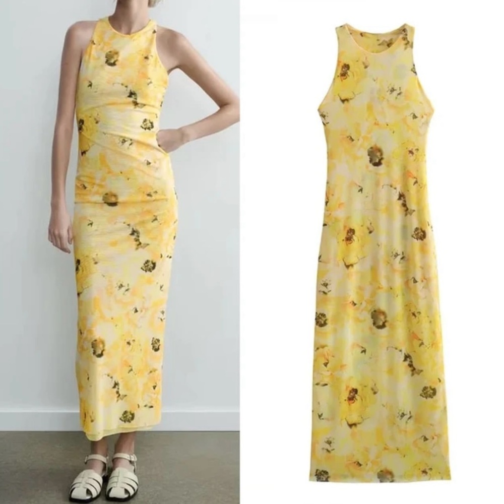 ZARA MESH FLORAL TROPICAL PRINT MAXI DRESS